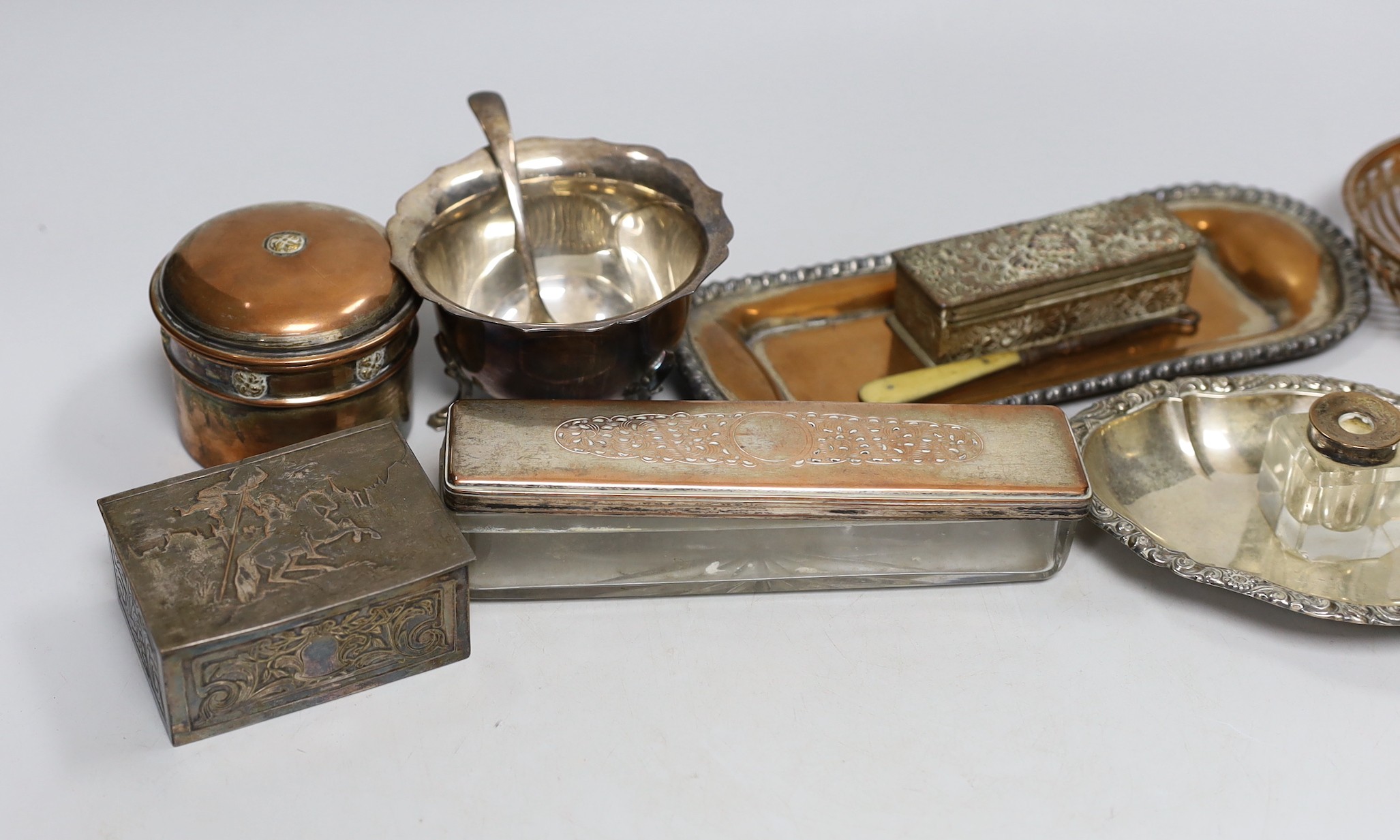 Three Victorian silver decanter labels, by Charles Stuart Harris, London, 1894, an Edwardian repousse silver mounted double stamp case, Birmingham, 1906, 63mm, sundry other small silver including vesta case mounted glass